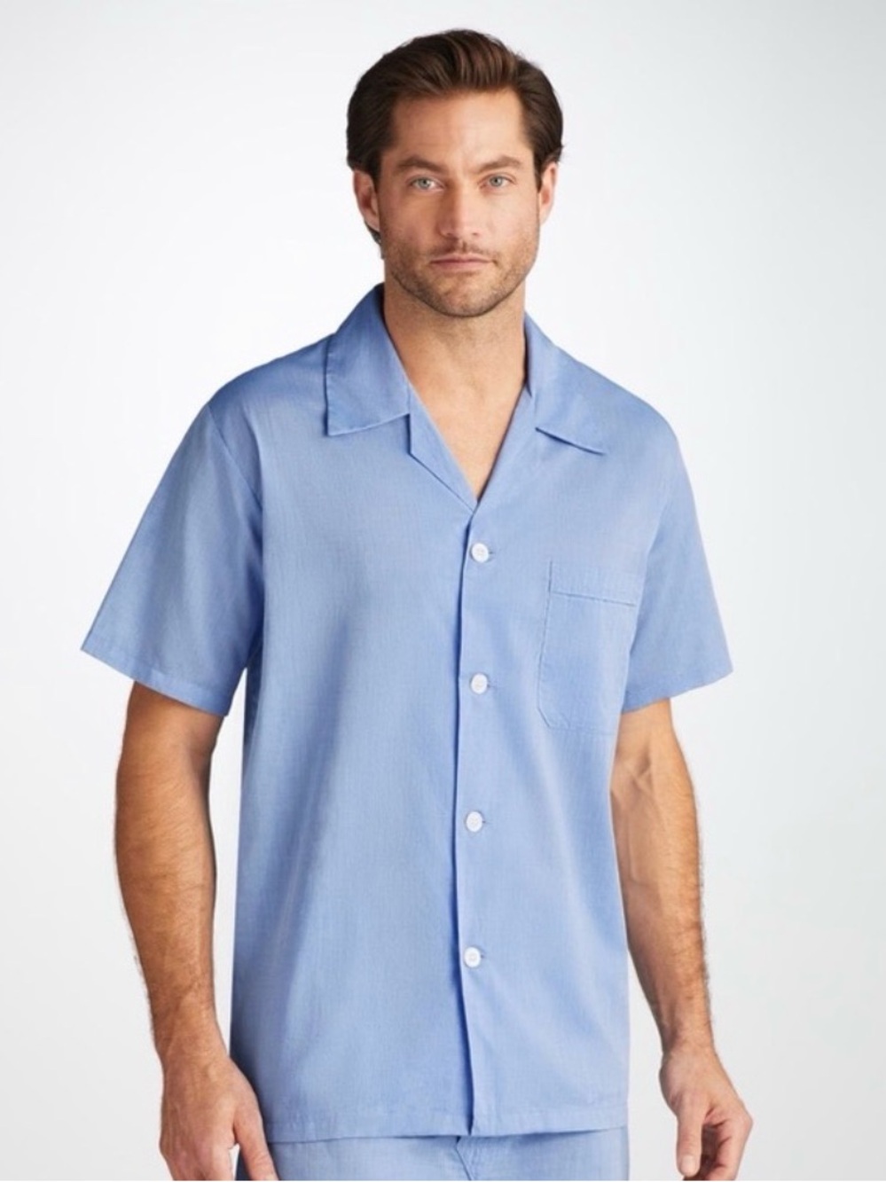 Derek Rose Quiet Luxury Button Up Light Blue Pajama Top Casual Short-Sleeve Sz M